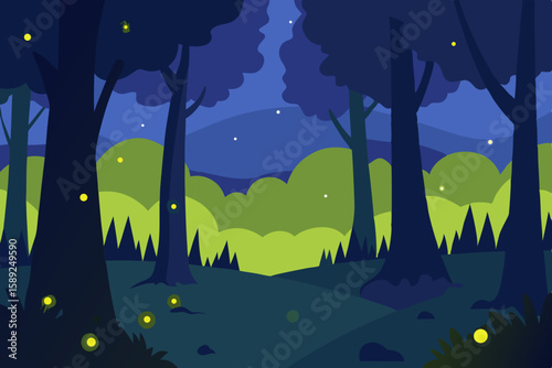 forest glade with fireflies glowing at dusk 