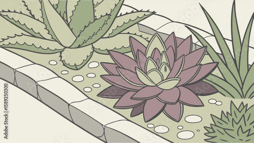 A garden bed featuring a variety of succulents including aloe and a purple lotus shaped succulent plant