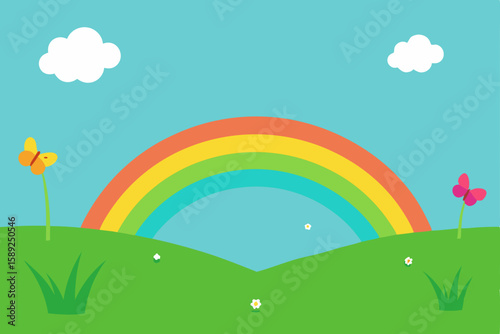 grassy meadow with butterflies and distant rainbow.svg