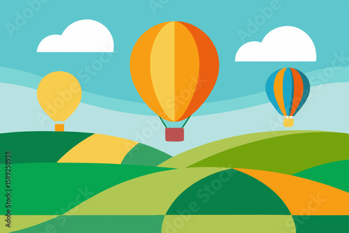 hot air balloons floating above colorful farmland 