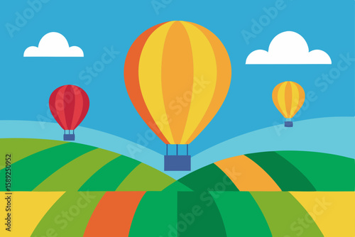 hot air balloons floating above colorful farmland .svg