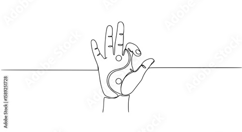 Hand showing peace symbol in single line outline vector style  