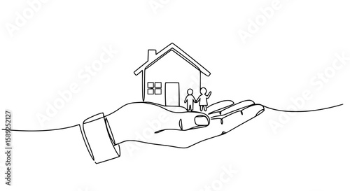 The hand holds a small house and two figures of children, symbolizing the concept of Peace Day.