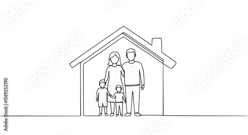 Family standing together in front of house outline design concept of peace day  