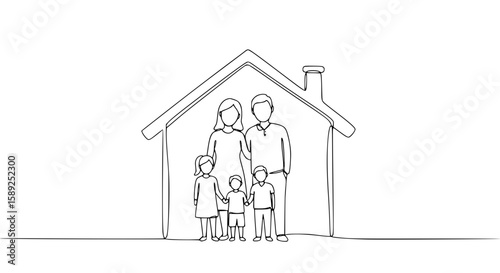 An outline of a family of five standing together in front of their home,single line outline vector peace day