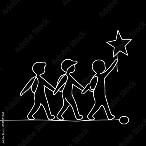 Children walking together holding a star on black background - Concept of peace day  