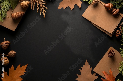 Autumn Decor With Leaves, Acorns, and Craft Paper on Dark Background During F...