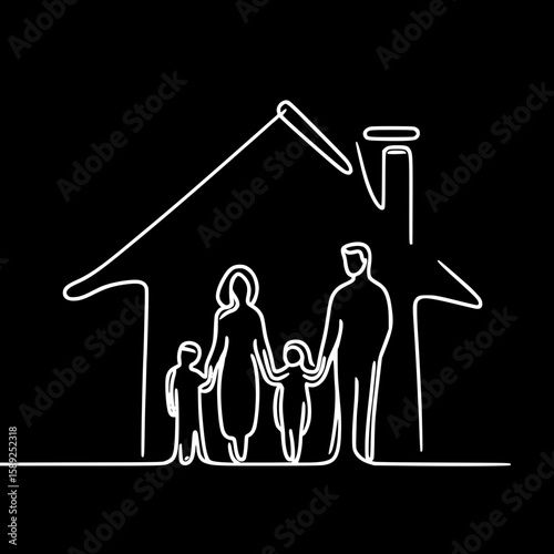 A family of four stands together in front of the outline of a house, single line outline vector peace day