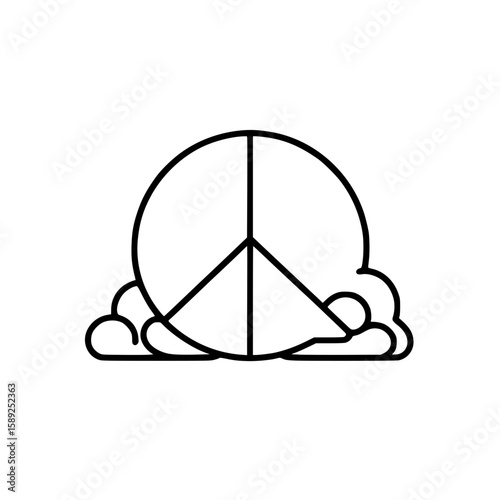 Peace symbol outlined above clouds in minimalist vector design  