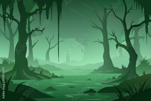 mysterious fog over a dense swamp with moss covere