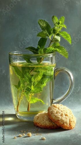 Refreshing Herbal Tea With Herbs and Cookies on a Table With a Soft Background