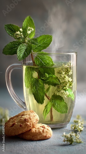 Herbal Tea With Fresh Mint Leaves and Cookies on a Blue Surface in a Cozy Kit...
