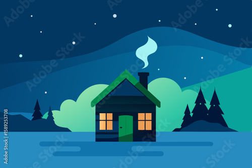 northern cabin under aurora lit skies with snow 