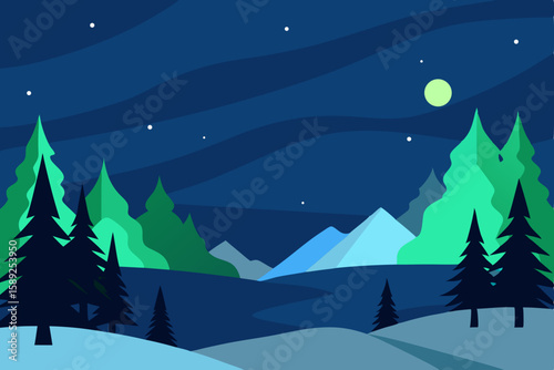 northern lights over a frozen tundra and pine 