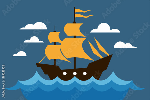 old pirate ship on stormy sea with lightning 