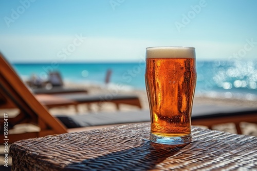 Refreshing Beer Glass on Wooden Table Beside Beach at Sunny Afternoon