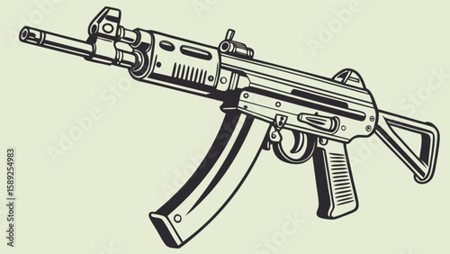 Detailed line art illustration of a submachine gun with a magazine and tactical design elements