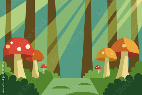 peaceful forest glade with mushrooms  moss  