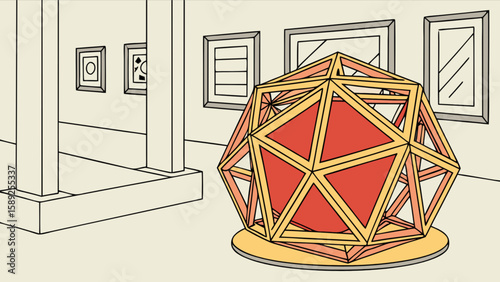 Geometric sculpture with red triangles in an art gallery featuring framed pictures and columns