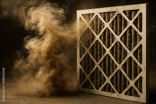 furnace filters. A dirty air filter releasing a cloud of dust and particles, illustrating poor air quality and the need for replacement.