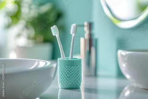 Bright Bathroom Setting With Toothbrushes in Green Holder Beside Modern Sink