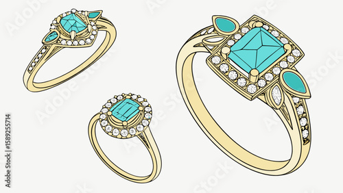 Three gold rings with turquoise stones and diamond accents on a white background display jewelry