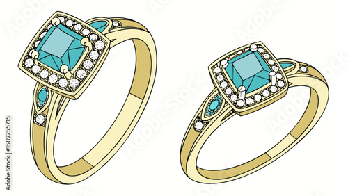 Two golden rings with square turquoise gemstones and diamond accents on a white background design element