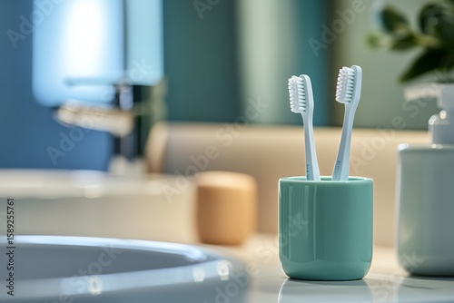Two White Toothbrushes in a Blue Holder on a Bathroom Counter.