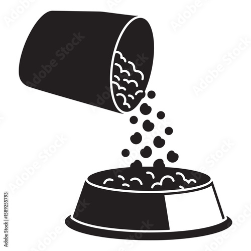 Black and white illustration of pet food pouring into a food bowl ready to serve