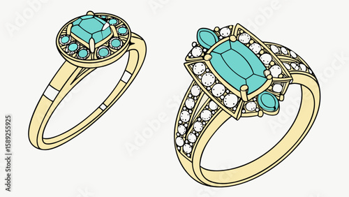 Illustration of two gold rings with turquoise and white gemstones on a white background art