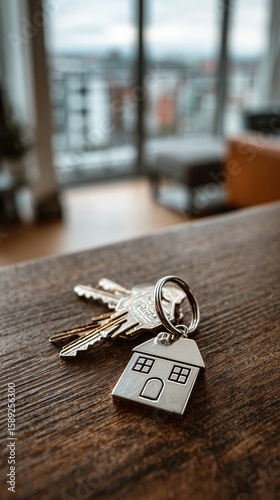 Keys Resting on Wooden Table With House Keychain in Modern Interior Space.