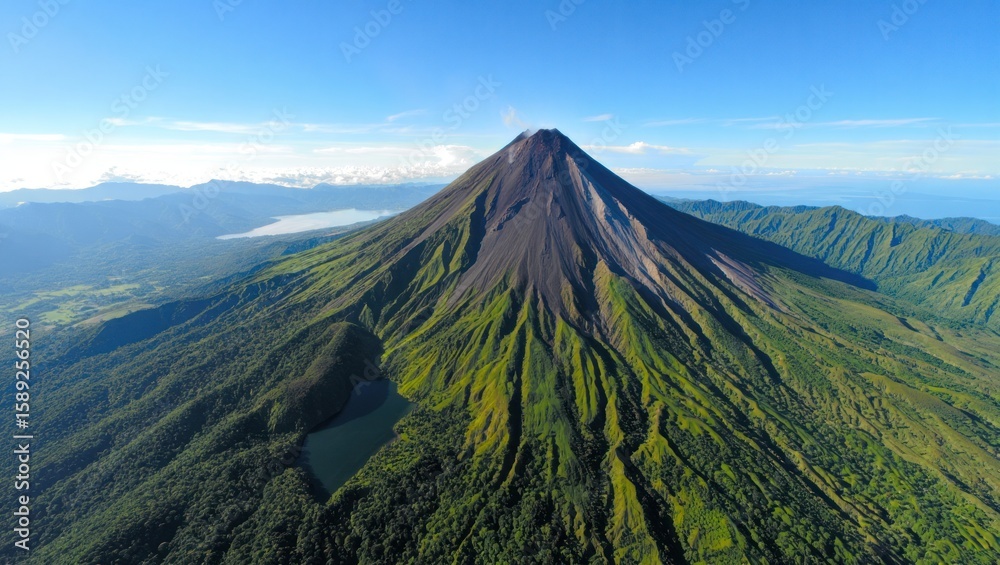 Fototapeta premium Majestic Volcano Peak with Lush Green Slopes and Serene Lake