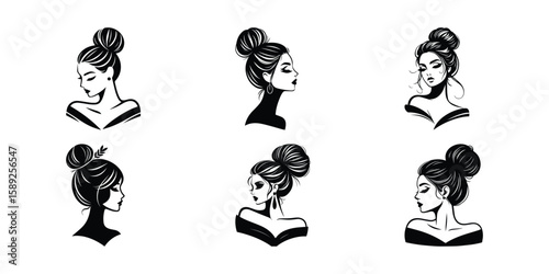 Elegant Woman Bun Hairstyle Vector Illustrations: Chic Black and White Fashion Portraits for Beauty and Style Designs