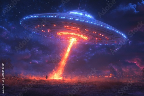 Strange Light Beams Down From a Hovering Spacecraft in a Vibrant Alien Landsc...