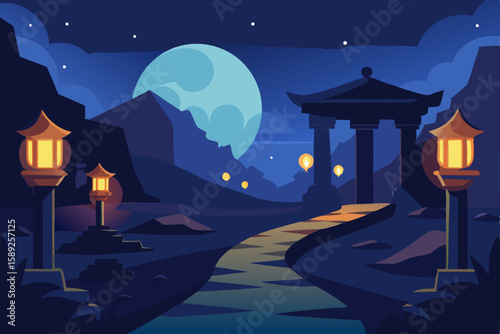 quiet temple ruins under moonlight with glowing 