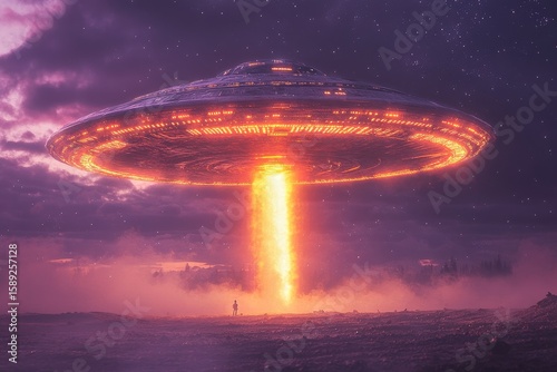 Strange Light Beams Down From a Hovering Spacecraft in a Vibrant Alien Landsc...