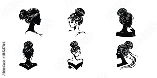 Elegant Woman Bun Hairstyle Vector Silhouette: Fashionable Updo, Beauty Salon Logo, Hair Styling Design, Black and White Illustration