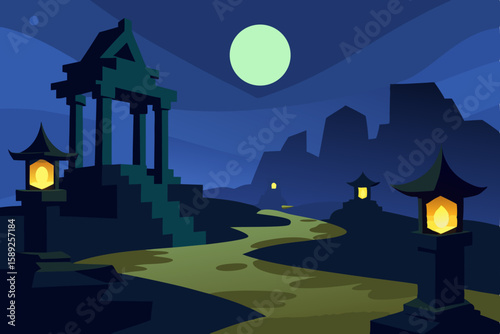 quiet temple ruins under moonlight with glowing 