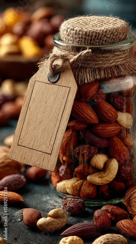 Delicious Assortment of Mixed Nuts in a Glass Jar With Rustic Label on a Text...
