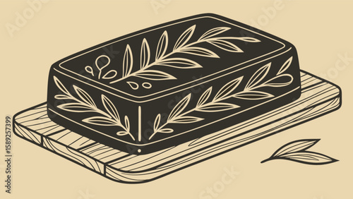Stylized dark loaf with leaf pattern sitting on a wooden cutting board in a vintage style design
