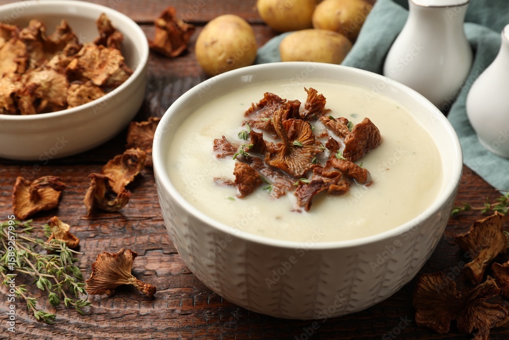 Fototapeta premium Tasty cream soup with mushrooms and thyme in bowl on wooden table, closeup