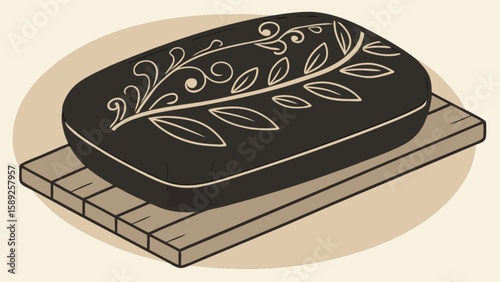 A black soap bar with floral design resting on a wooden slatted soap dish in a tan setting view