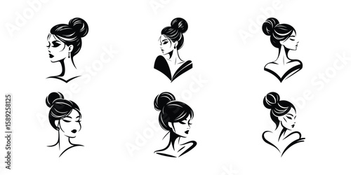 Elegant Woman Bun Hairstyle Vector Illustration Set Stylish Female Portrait Beauty Salon Logo Design Fashion Graphic Art