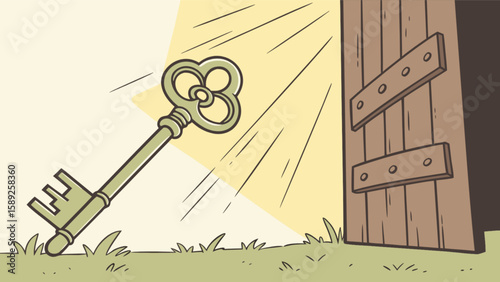 Illustration of an antique key in front of a partially open wooden door with light shining through