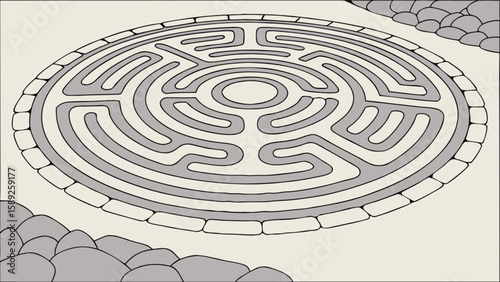 A circular labyrinth design with a stone border and surrounding rocks on a light background is shown