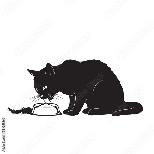 Silhouette of a black cat eating from a food bowl with a playful tail