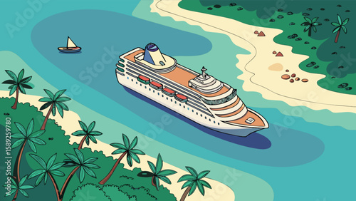 Cruise ship sailing near a tropical island with palm trees and a small sailboat in the distance