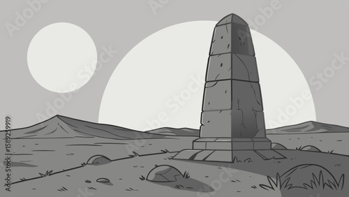 Monochrome landscape with a tall stone monument under a large sun and smaller moon, with hills in back