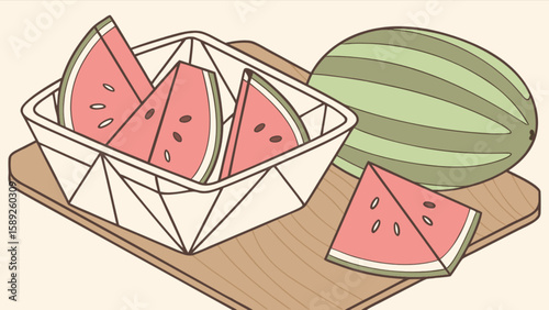 Watermelon slices in a basket and whole watermelon on a wooden board summer fruit still life art