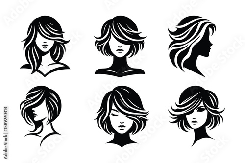 Black and White Vector Illustrations of Women with Stylish Bob Haircuts | Beauty Salon Graphics | Hairdressing Design Elements